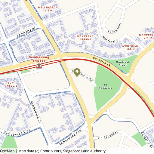 Map showing Bukit Canberra Swimming Complex near Sembawang MRT (NS11)