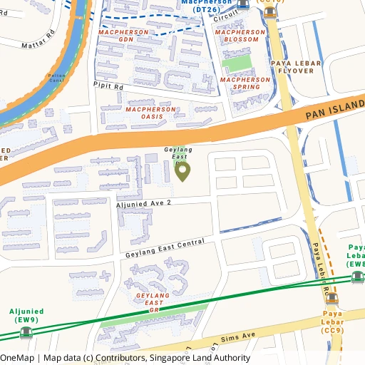 Map showing Geylang East Swimming Complex near Macpherson MRT (CC10/DT26)