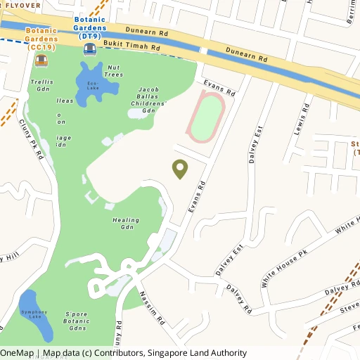 Map showing MOE (Evans) Swimming Complex near Botanic Gardens MRT (CC19/DT9)